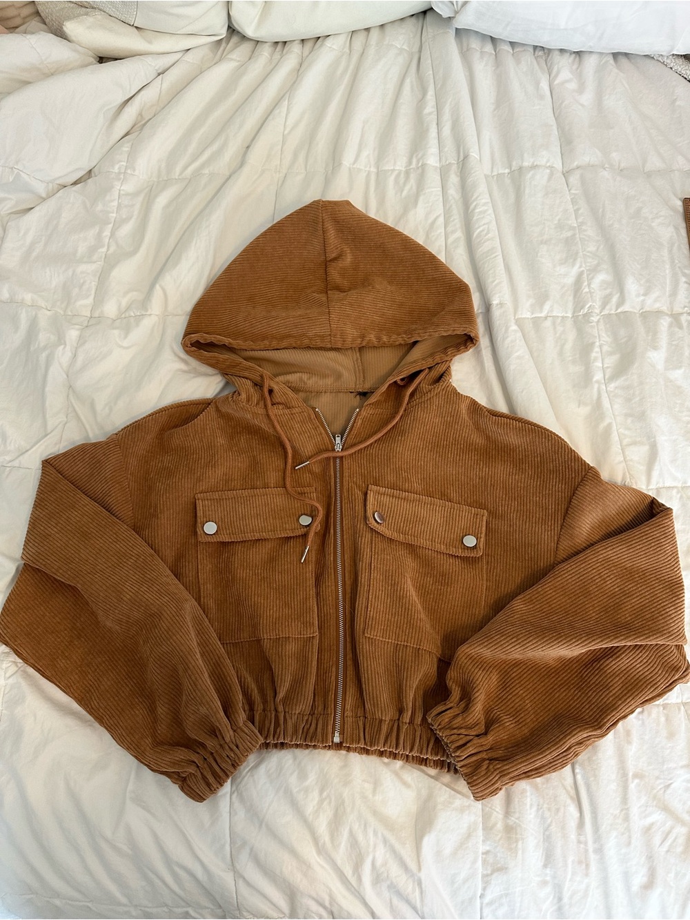 Cropped Corduroy Hooded Bomber Jacket Brown Tan Indie Boho Fall Small